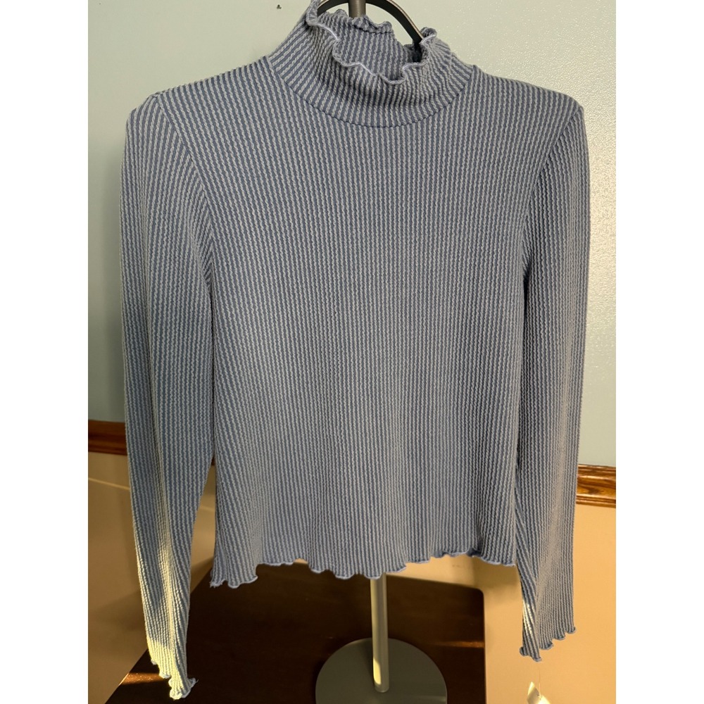 Moa Moa NWT Ribbed Mock Neck Lettuce Edge Long Sleeve Top Blue Large